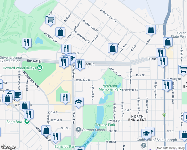 map of restaurants, bars, coffee shops, grocery stores, and more near 1200 West Bailey Street in Sioux Falls