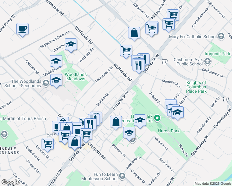 map of restaurants, bars, coffee shops, grocery stores, and more near 3025 Cedarglen Gate in Mississauga