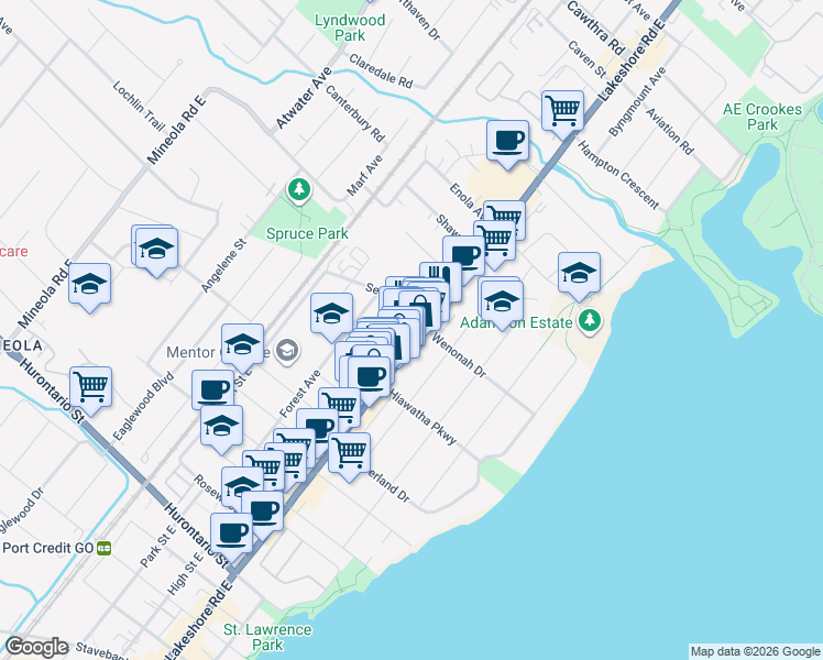 map of restaurants, bars, coffee shops, grocery stores, and more near 305 Lakeshore Road East in Mississauga