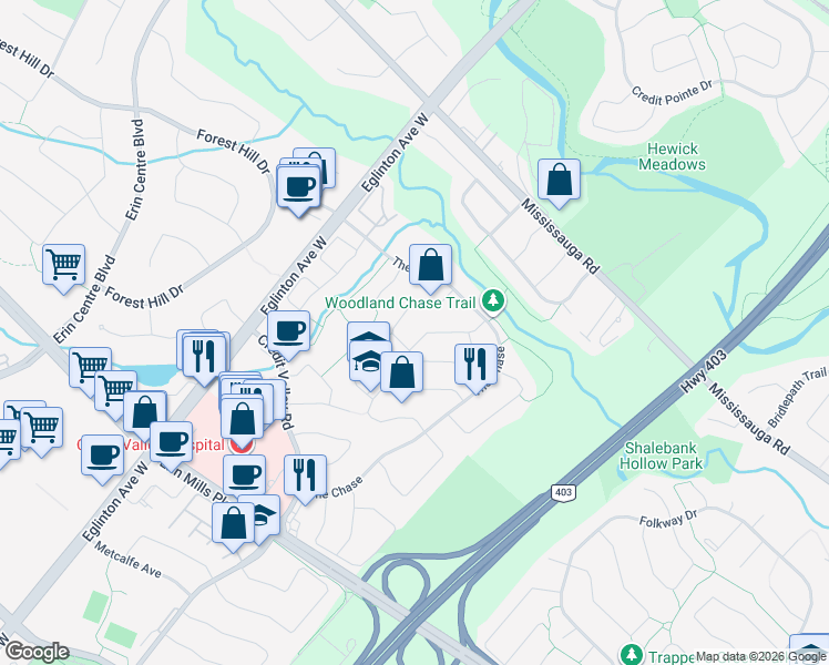 map of restaurants, bars, coffee shops, grocery stores, and more near in Mississauga