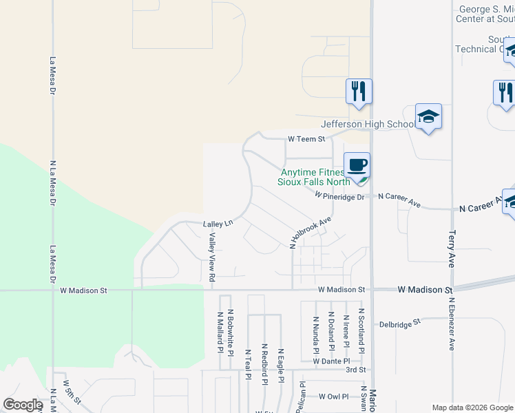 map of restaurants, bars, coffee shops, grocery stores, and more near West Hemlock Drive in Sioux Falls