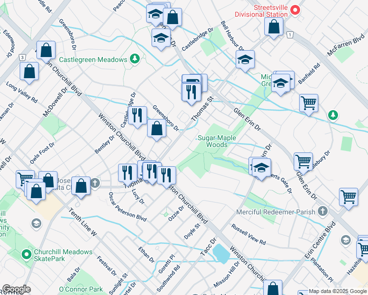 map of restaurants, bars, coffee shops, grocery stores, and more near 2875 Westbury Court in Mississauga