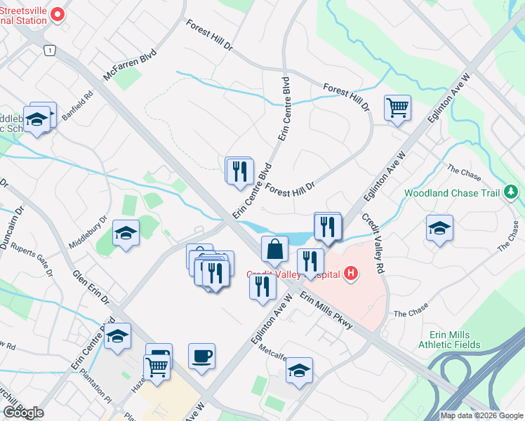 map of restaurants, bars, coffee shops, grocery stores, and more near 5128 Elderview Court in Mississauga