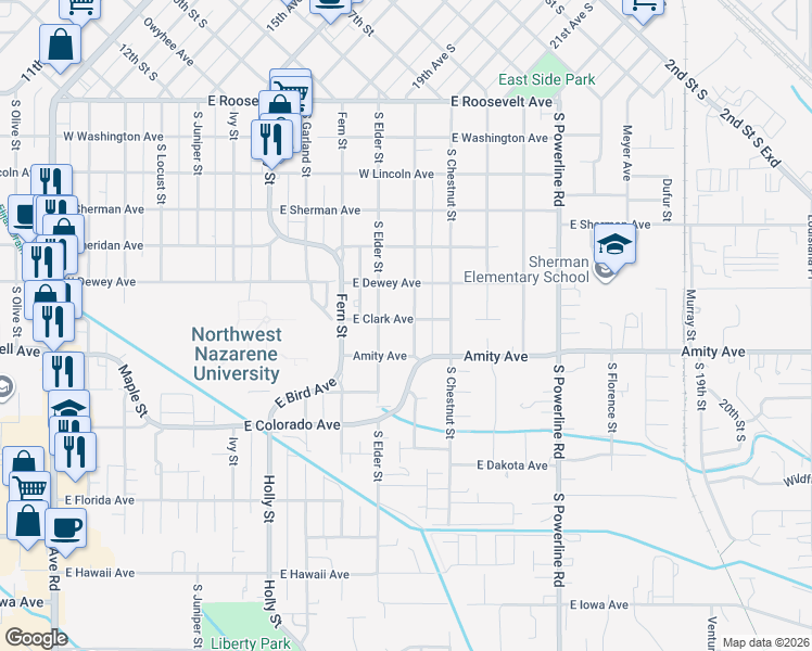 map of restaurants, bars, coffee shops, grocery stores, and more near 1024 East Amity Avenue in Nampa