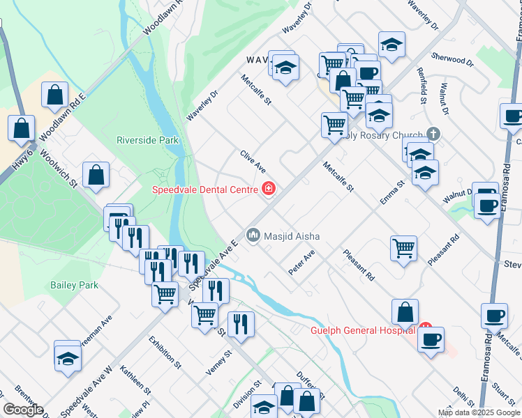 map of restaurants, bars, coffee shops, grocery stores, and more near in Guelph
