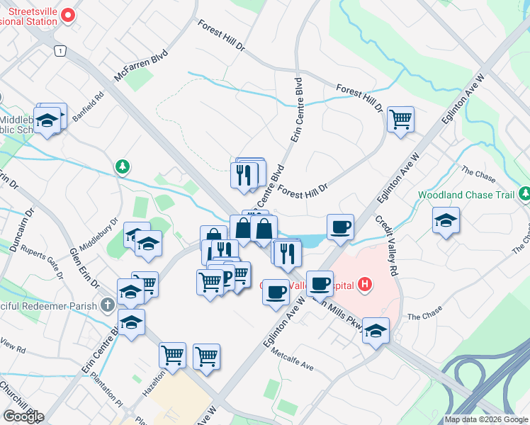 map of restaurants, bars, coffee shops, grocery stores, and more near 5128 Elderview Court in Mississauga