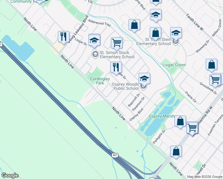 map of restaurants, bars, coffee shops, grocery stores, and more near 6401 Saratoga Way in Mississauga