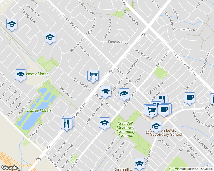 map of restaurants, bars, coffee shops, grocery stores, and more near 3277 Springrun Way in Mississauga