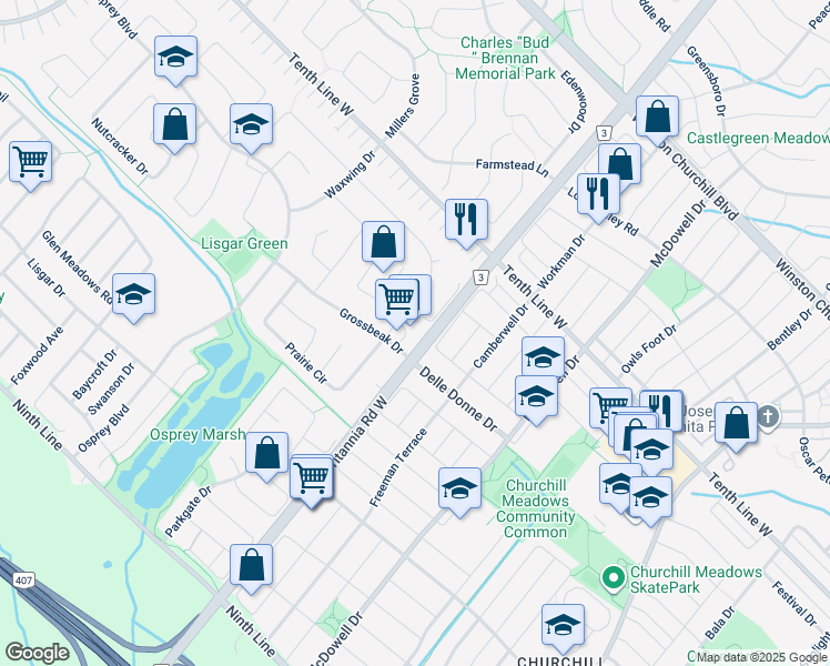 map of restaurants, bars, coffee shops, grocery stores, and more near 5925 Grossbeak Drive in Mississauga