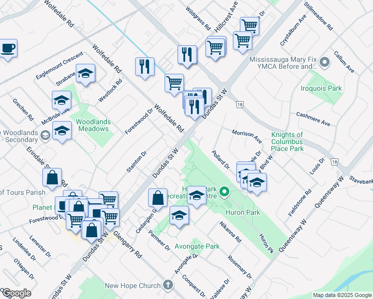 map of restaurants, bars, coffee shops, grocery stores, and more near in Mississauga