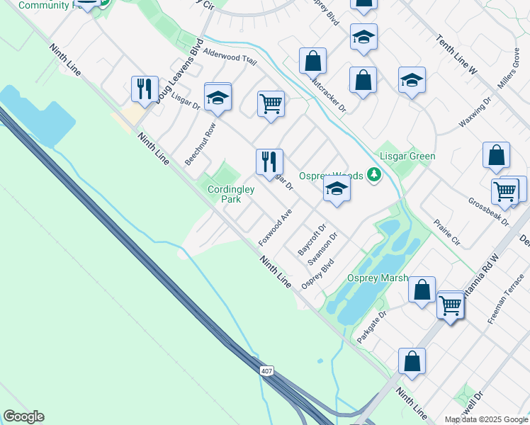 map of restaurants, bars, coffee shops, grocery stores, and more near Amber Glen Drive in Mississauga