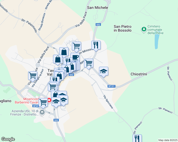 map of restaurants, bars, coffee shops, grocery stores, and more near 13 Via Firenze in Tavarnelle Val di Pesa