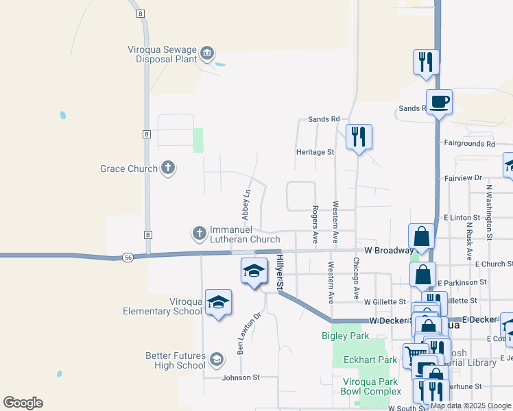 map of restaurants, bars, coffee shops, grocery stores, and more near 715 Camelot Court in Viroqua