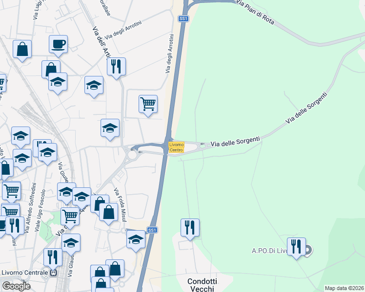 map of restaurants, bars, coffee shops, grocery stores, and more near 402 Via delle Sorgenti in Livorno