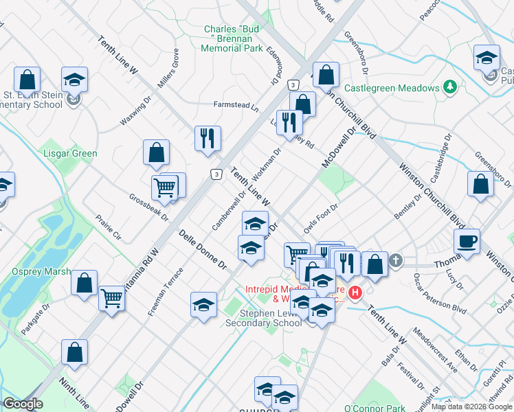 map of restaurants, bars, coffee shops, grocery stores, and more near 3210 Carabella Way in Mississauga