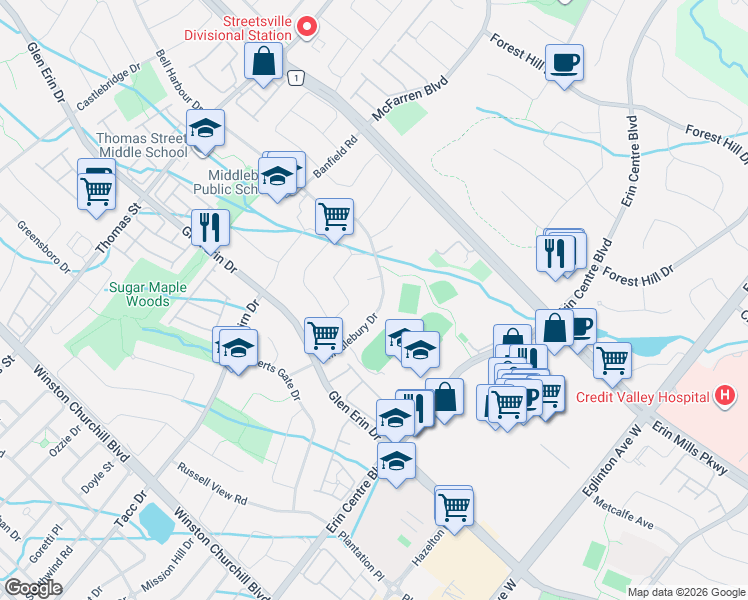map of restaurants, bars, coffee shops, grocery stores, and more near 2625 Charlotte Court in Mississauga
