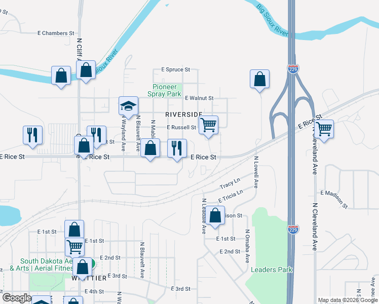 map of restaurants, bars, coffee shops, grocery stores, and more near 1416 North Jessica Avenue in Sioux Falls