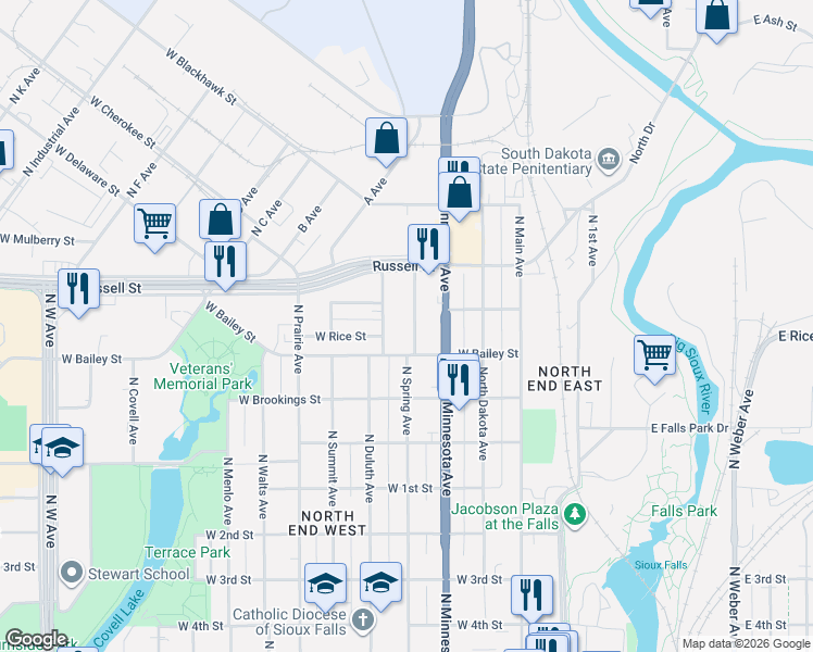 map of restaurants, bars, coffee shops, grocery stores, and more near 1230 North Duluth Avenue in Sioux Falls