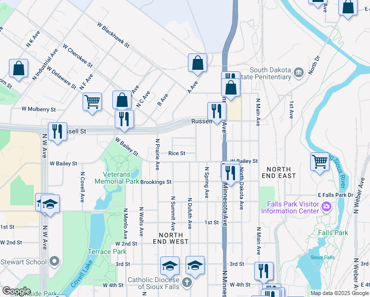 map of restaurants, bars, coffee shops, grocery stores, and more near 619 West Bennett Street in Sioux Falls