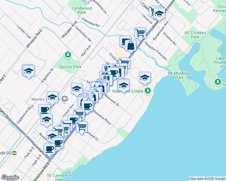 map of restaurants, bars, coffee shops, grocery stores, and more near 348 Lakeshore Road East in Mississauga
