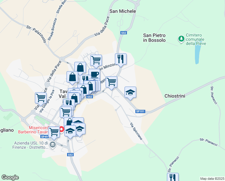 map of restaurants, bars, coffee shops, grocery stores, and more near 13 Via Firenze in Tavarnelle