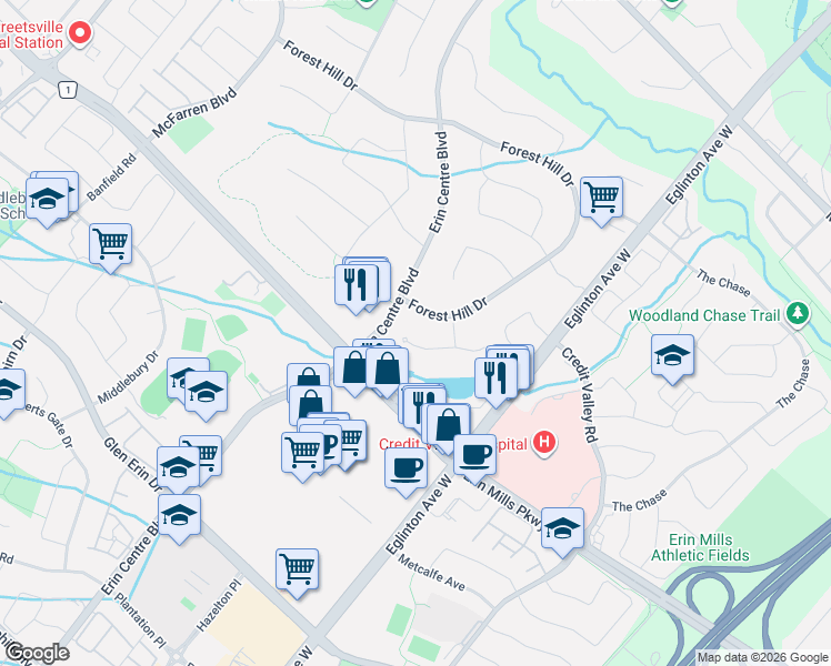 map of restaurants, bars, coffee shops, grocery stores, and more near 5109 Elderview Court in Mississauga