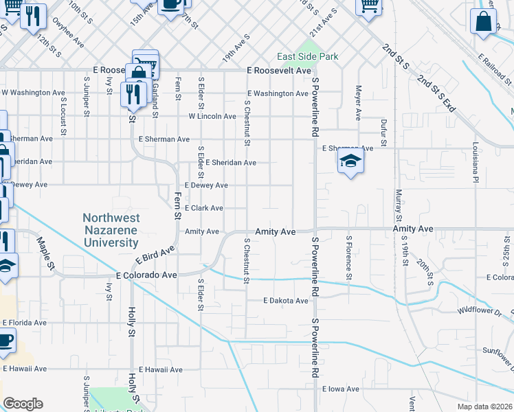 map of restaurants, bars, coffee shops, grocery stores, and more near 626 South Chestnut Street in Nampa