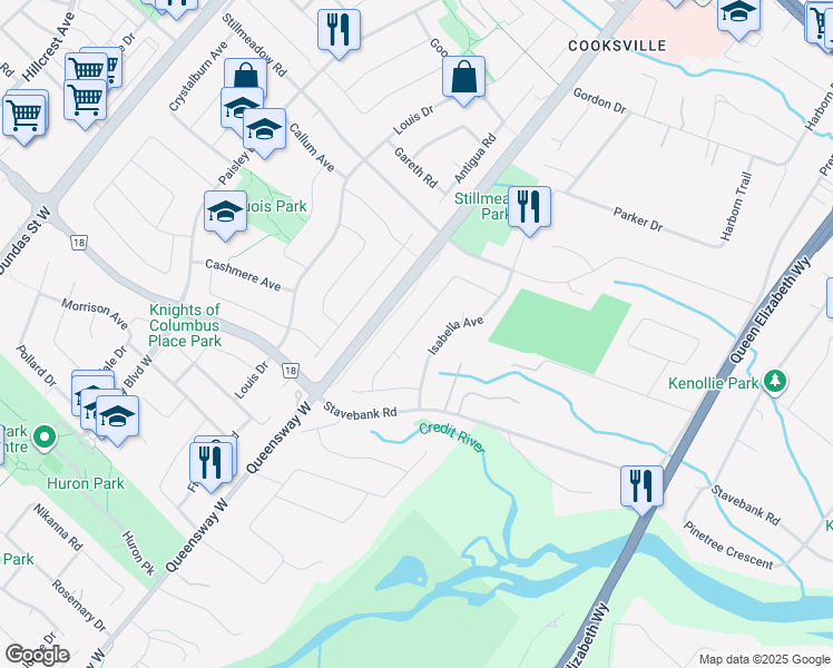 map of restaurants, bars, coffee shops, grocery stores, and more near 2319 Kenbarb Road in Mississauga