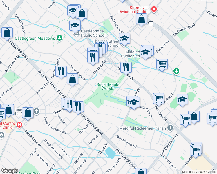 map of restaurants, bars, coffee shops, grocery stores, and more near Sugar Maple Woods Trail in Mississauga