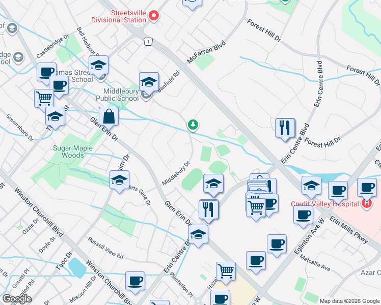 map of restaurants, bars, coffee shops, grocery stores, and more near 5308 Middlebury Drive in Mississauga