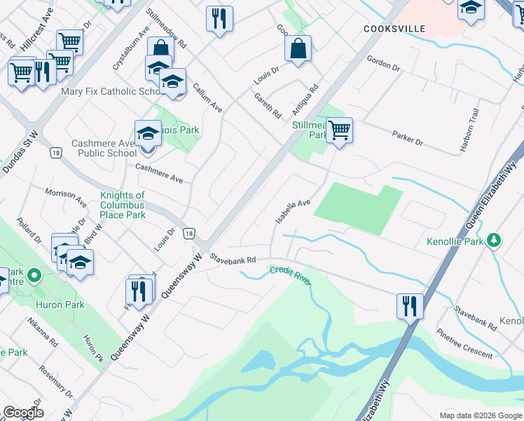 map of restaurants, bars, coffee shops, grocery stores, and more near 2319 Kenbarb Road in Mississauga