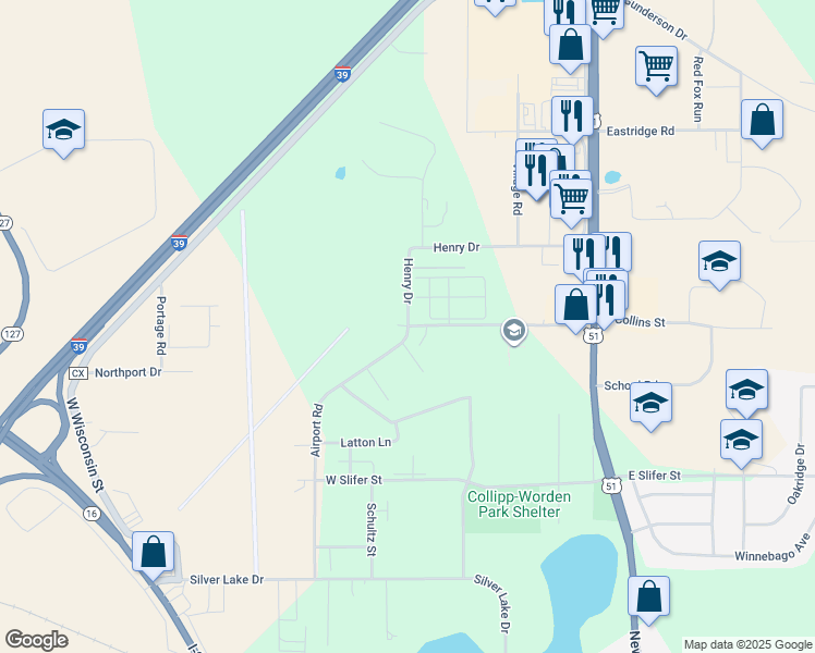 map of restaurants, bars, coffee shops, grocery stores, and more near 344 Airport Road in Portage
