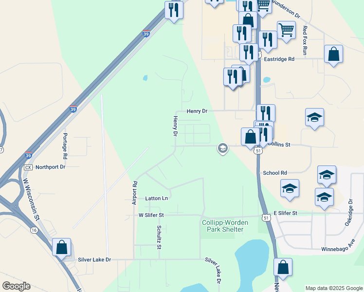 map of restaurants, bars, coffee shops, grocery stores, and more near 560 West Collins Street in Portage