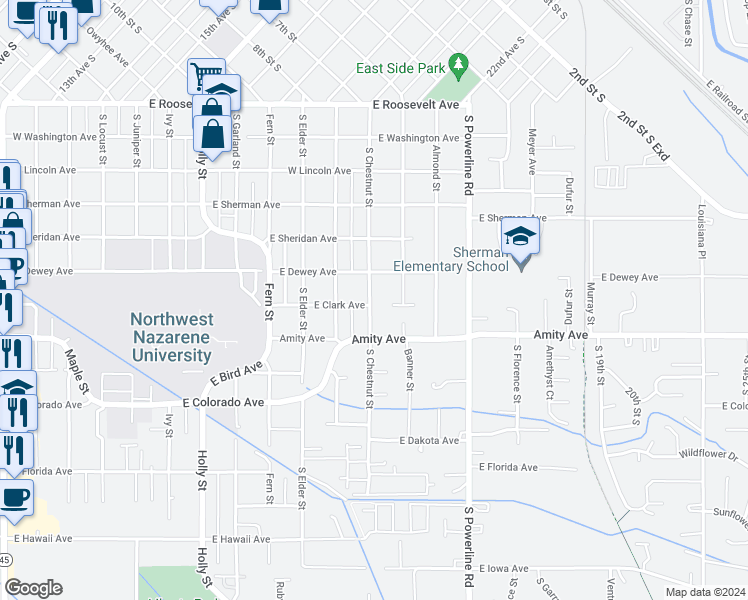 map of restaurants, bars, coffee shops, grocery stores, and more near 624 South Chestnut Street in Nampa