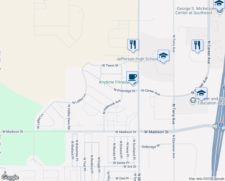 map of restaurants, bars, coffee shops, grocery stores, and more near 5604 West Pineridge Drive in Sioux Falls