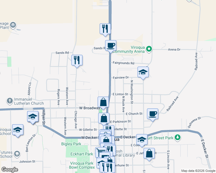 map of restaurants, bars, coffee shops, grocery stores, and more near 768 North Main Street in Viroqua