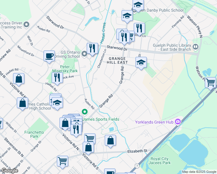 map of restaurants, bars, coffee shops, grocery stores, and more near Kemp Crescent in Guelph