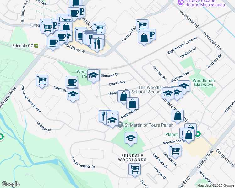 map of restaurants, bars, coffee shops, grocery stores, and more near 1186 Shadeland Drive in Mississauga
