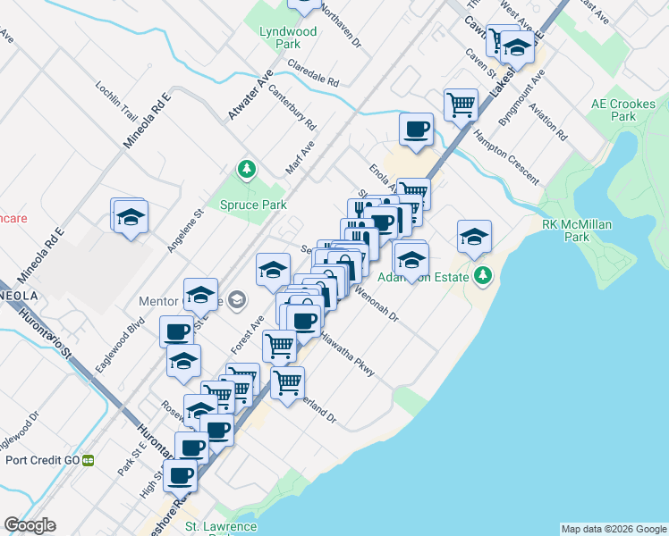 map of restaurants, bars, coffee shops, grocery stores, and more near in Mississauga