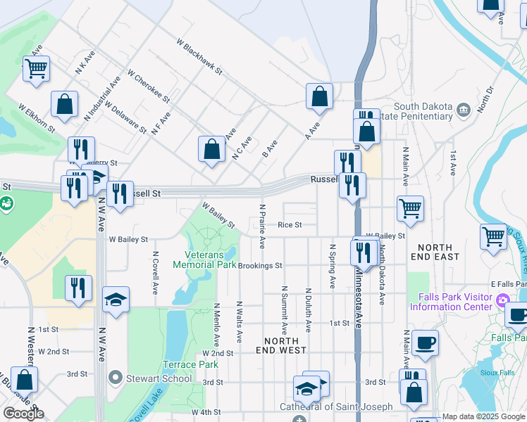 map of restaurants, bars, coffee shops, grocery stores, and more near 701 West Russell Street in Sioux Falls