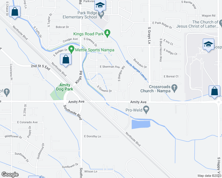 map of restaurants, bars, coffee shops, grocery stores, and more near 650 South Queens Drive in Nampa