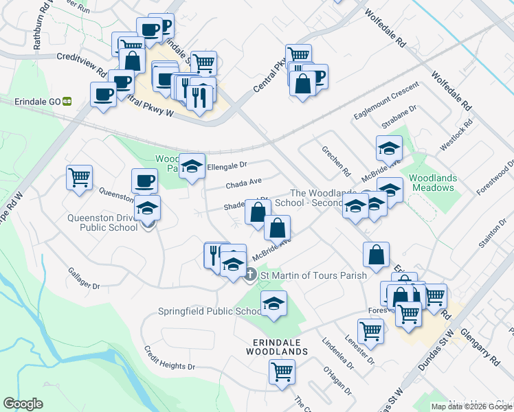 map of restaurants, bars, coffee shops, grocery stores, and more near 1166 Shadeland Drive in Mississauga