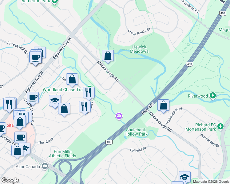 map of restaurants, bars, coffee shops, grocery stores, and more near 4456 Badminton Drive in Mississauga