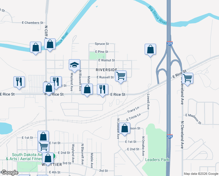 map of restaurants, bars, coffee shops, grocery stores, and more near 1416 North Jessica Avenue in Sioux Falls