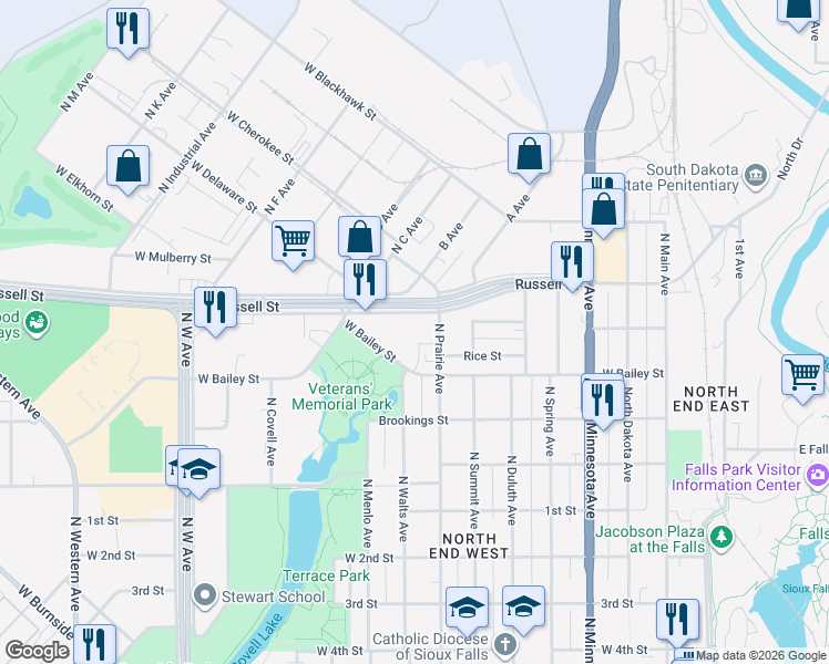 map of restaurants, bars, coffee shops, grocery stores, and more near 809 West Russell Street in Sioux Falls