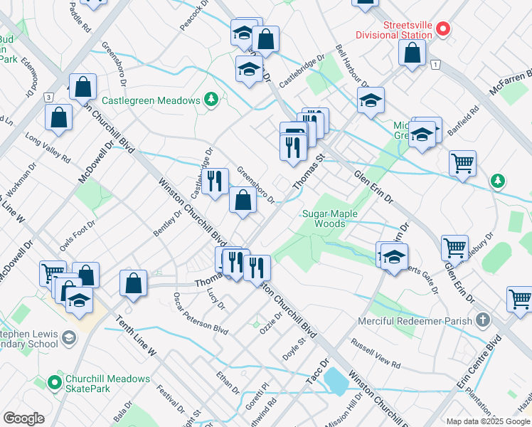 map of restaurants, bars, coffee shops, grocery stores, and more near 2945 Thomas Street in Mississauga
