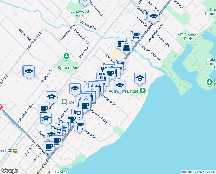 map of restaurants, bars, coffee shops, grocery stores, and more near 348 Lakeshore Road East in Mississauga