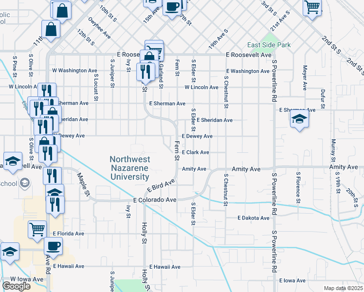 map of restaurants, bars, coffee shops, grocery stores, and more near 615 South Elder Street in Nampa