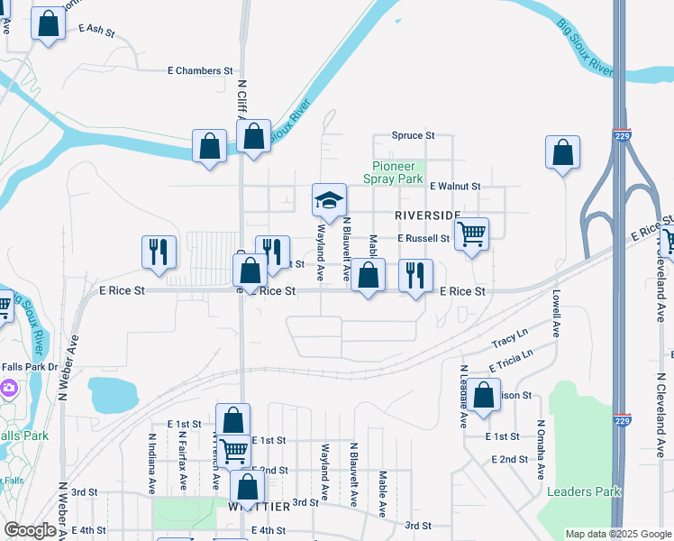 map of restaurants, bars, coffee shops, grocery stores, and more near 1411 North Blauvelt Avenue in Sioux Falls