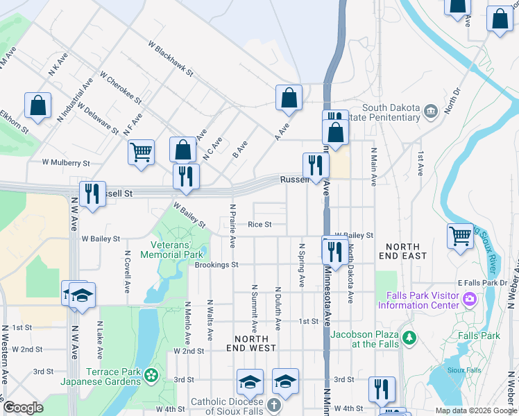map of restaurants, bars, coffee shops, grocery stores, and more near 1220 North Summit Avenue in Sioux Falls